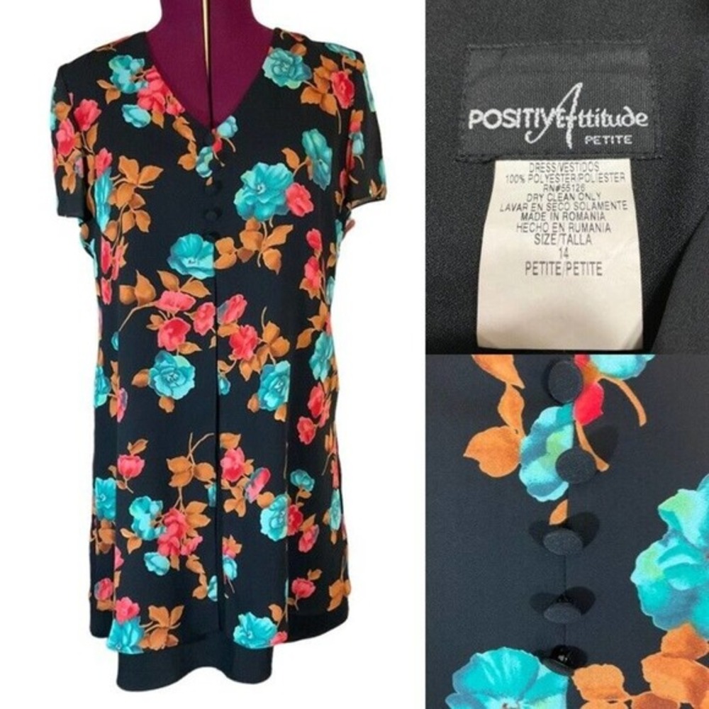 VTG POSITIVE ATTITUDE Turquoise Red Gold Floral Dress Open Front Layered 14P